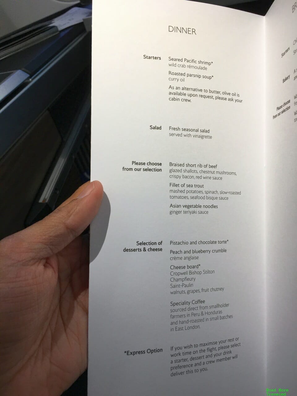 British Airways A350 Club Suite dinner menu